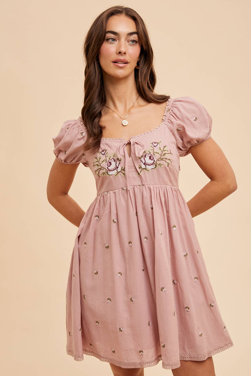 Cross Stitched Embroidered Babydoll Mini Dress