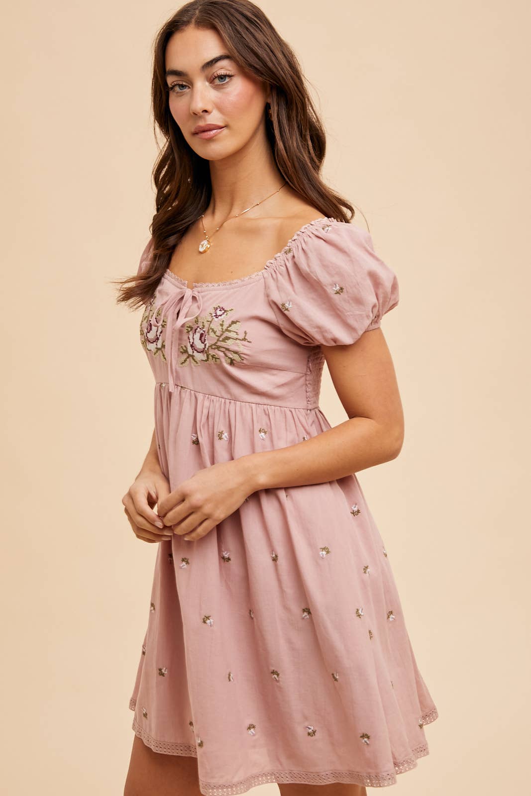 Cross Stitched Embroidered Babydoll Mini Dress