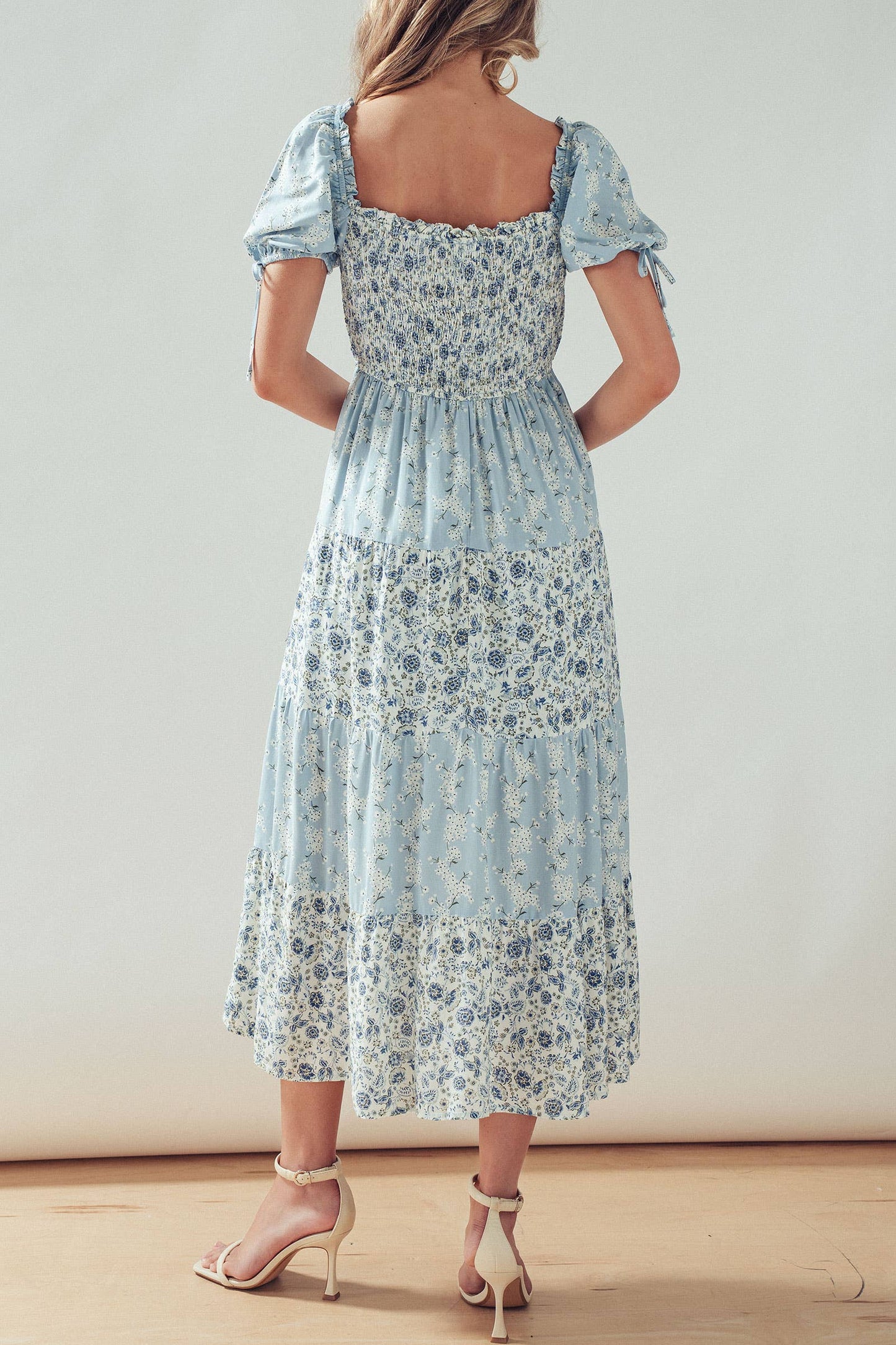Smocked Floral Print Tiered Midi Dress