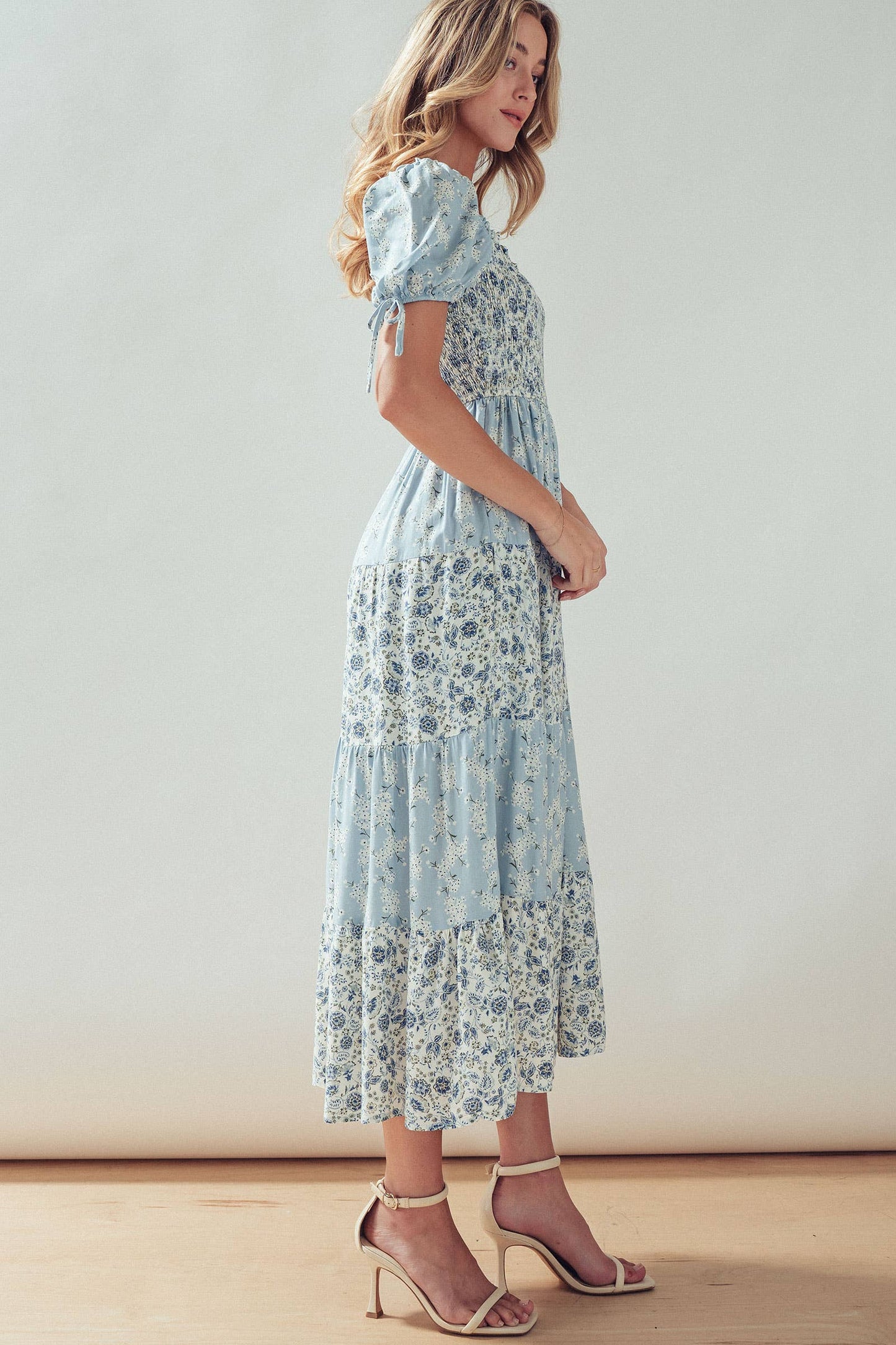 Smocked Floral Print Tiered Midi Dress
