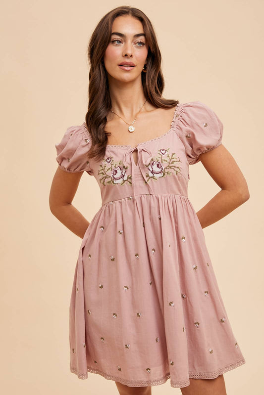 Cross Stitched Embroidered Babydoll Mini Dress