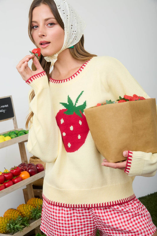 STRAWBERRY CONTRAST STITCH KNIT PULLOVER