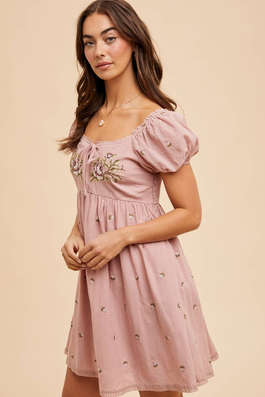 Cross Stitched Embroidered Babydoll Mini Dress