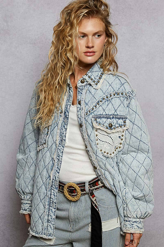 Studded Patchwork Quilted Shacket
