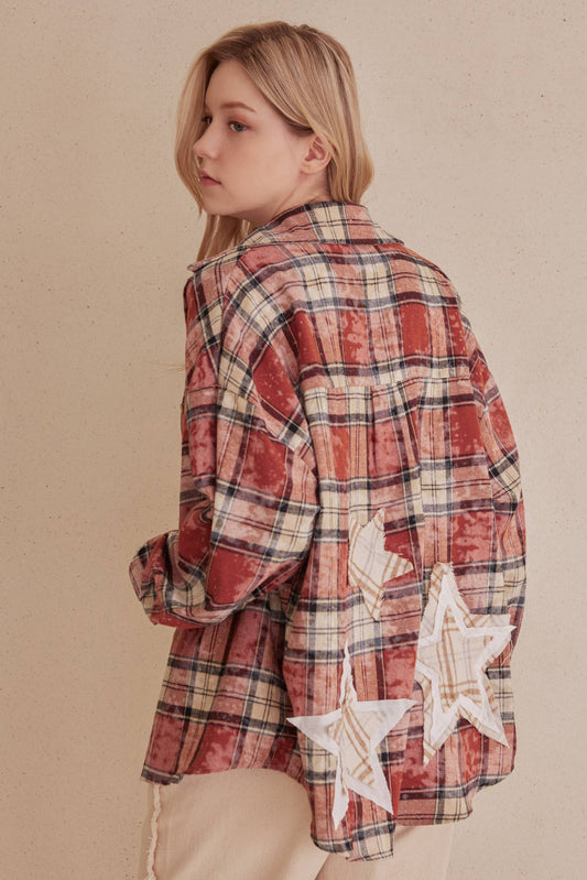 Oversized Plaid Star Patch Shirt